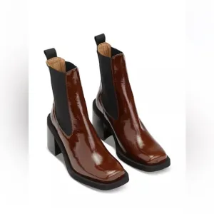 NWOT Ganni Elegant Chestnut Brown Leather Ankle Boots-Size 5, Euro 35