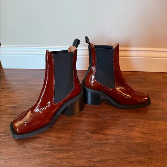 NWOT Ganni Elegant Chestnut Brown Leather Ankle Boots-Size 5, Euro 35