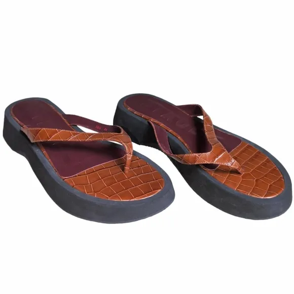 NWOT STAUD Tessa Croc-Embossed Leather Platform Thong Sandals Womens Size 10.5