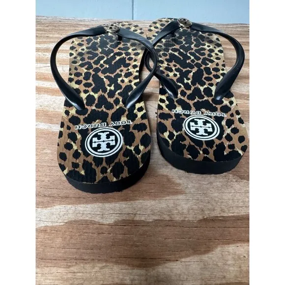 NWOT Tory Burch PVC/EVA Flip Flop Flat Sandals Wildlife Animal Print Logo