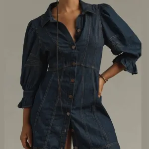 NWT $158 Anthropologie Stylish Dark Denim Shirt Dress with Puff Sleeves