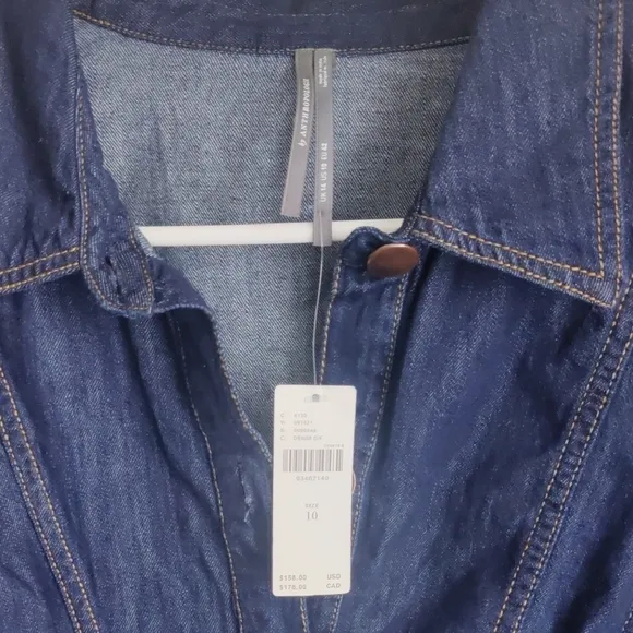 NWT $158 Anthropologie Stylish Dark Denim Shirt Dress with Puff Sleeves