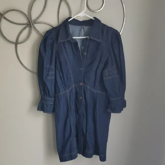 NWT $158 Anthropologie Stylish Dark Denim Shirt Dress with Puff Sleeves