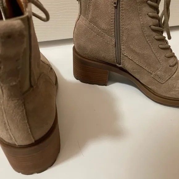 NWT- 6.5 Lucky Brand Beige Suede Leather Boots lace front, side zip 2” heel-New