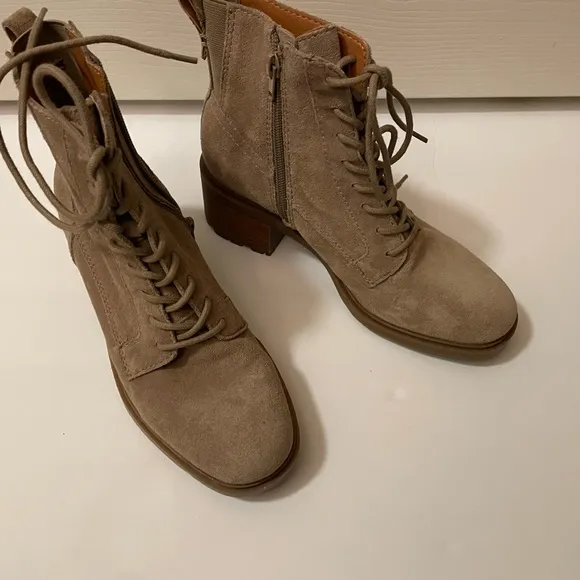 NWT- 6.5 Lucky Brand Beige Suede Leather Boots lace front, side zip 2” heel-New