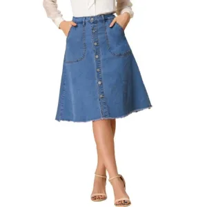 NWT! Allegra K Women's Raw Hem Button Down A-Line Midi Jeans Skirt Medium