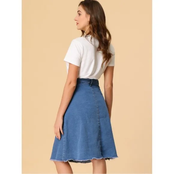 NWT! Allegra K Women's Raw Hem Button Down A-Line Midi Jeans Skirt Medium