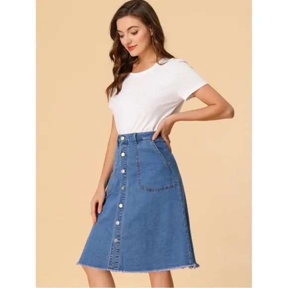 NWT! Allegra K Women's Raw Hem Button Down A-Line Midi Jeans Skirt Medium