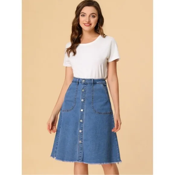 NWT! Allegra K Women's Raw Hem Button Down A-Line Midi Jeans Skirt Medium