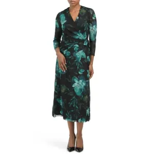 NWT Anne Klein Women's Long Sleeve Floral Print Tie Waist Wrap Midi Dress