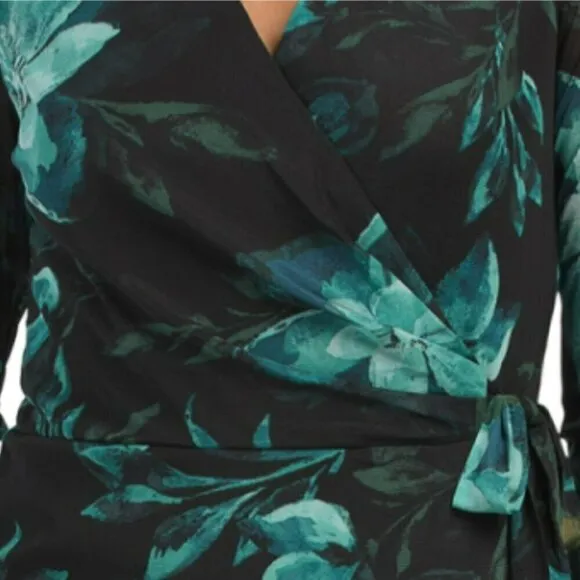 NWT Anne Klein Women's Long Sleeve Floral Print Tie Waist Wrap Midi Dress