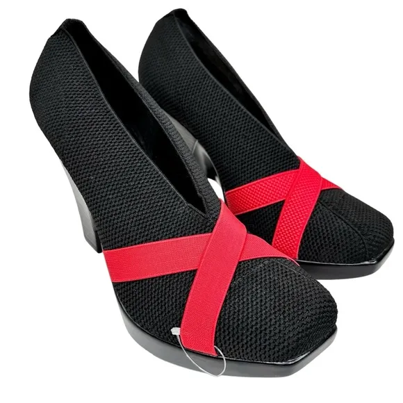 NWT Charleston Shoe Co. Wedge Heel Shoes Black Red Knit SZ 9