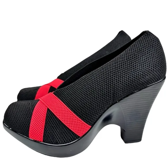 NWT Charleston Shoe Co. Wedge Heel Shoes Black Red Knit SZ 9