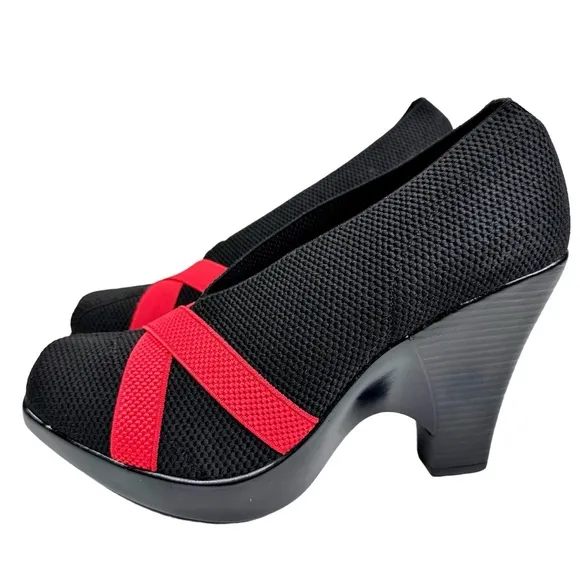 NWT Charleston Shoe Co. Wedge Heel Shoes Black Red Knit SZ 9