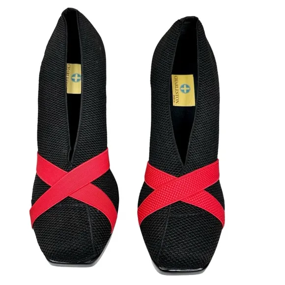 NWT Charleston Shoe Co. Wedge Heel Shoes Black Red Knit SZ 9