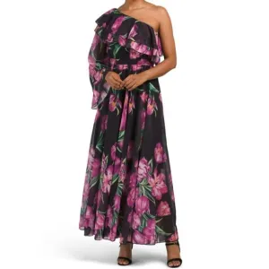 NWT DALIA MACPHEE Women's One Shoulder Bold Floral Asymmetrical Maxi Dress