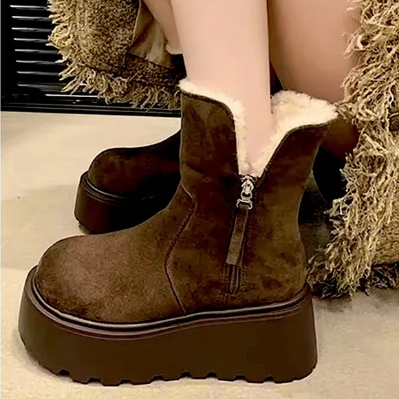 NWT dark brown suede ankle Winter Boots 3” platform Chunky Sole faux Fur Lining