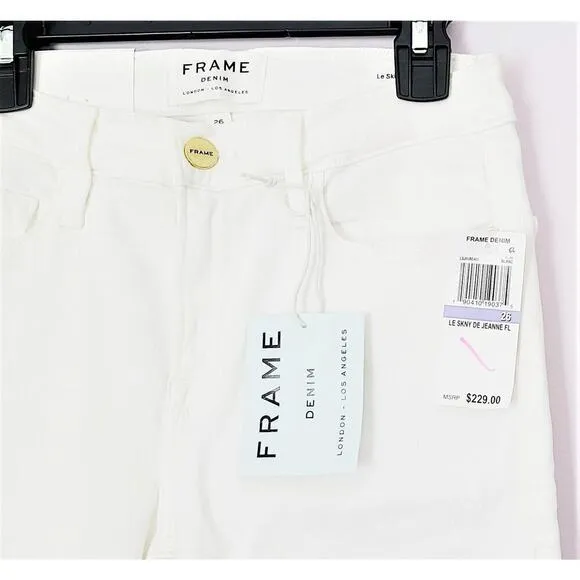 NWT Frame Women's Le Skinny Flared Cut-Off Hem Mid Rise White Denim Jeans
