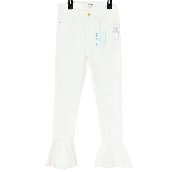 NWT Frame Women's Le Skinny Flared Cut-Off Hem Mid Rise White Denim Jeans