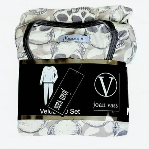 NWT JOAN VASS Super Soft Velour Skulls Print V-neck  2 Piece Pj Pajama Set