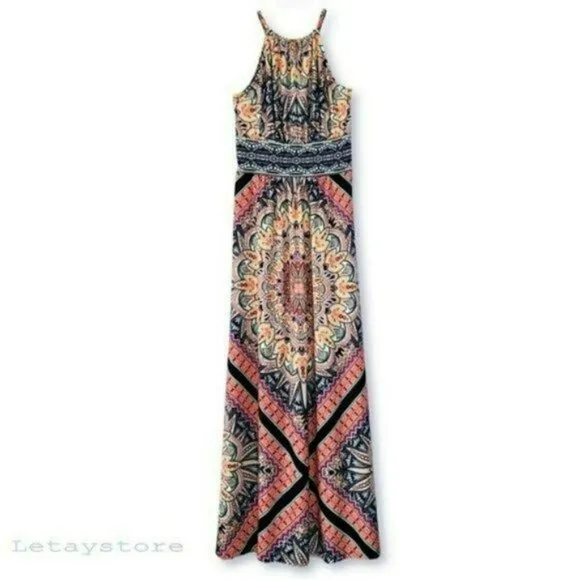 NWT London Times Morris Starburst Medallion Print Keyhole Halter Maxi Dress