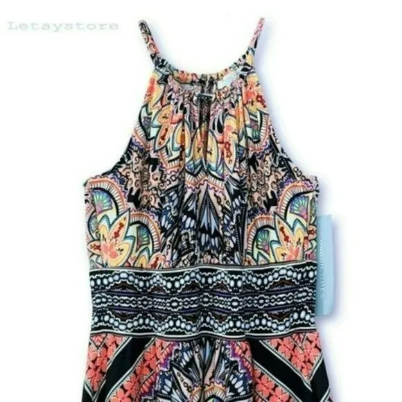 NWT London Times Morris Starburst Medallion Print Keyhole Halter Maxi Dress