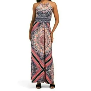NWT London Times Morris Starburst Medallion Print Keyhole Halter Maxi Dress