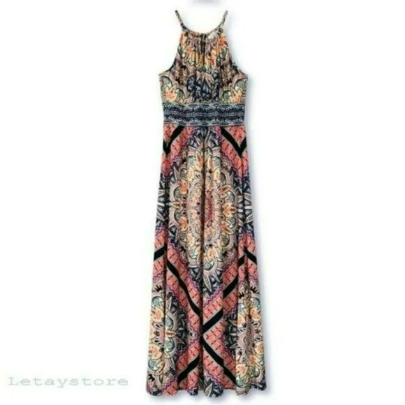 NWT London Times Morris Starburst Medallion Print Keyhole Halter Maxi Dress