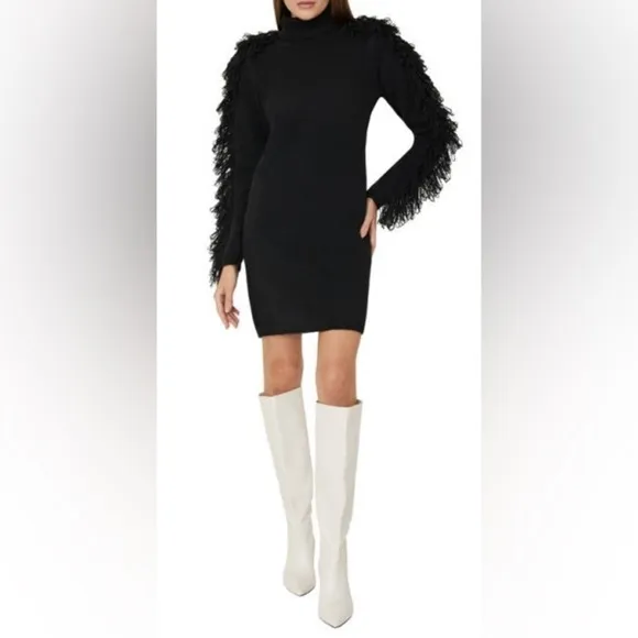 NWT Milly Rowe Fringe Sleeve Sweater Dress Mini Bodycon Turtleneck Sz P