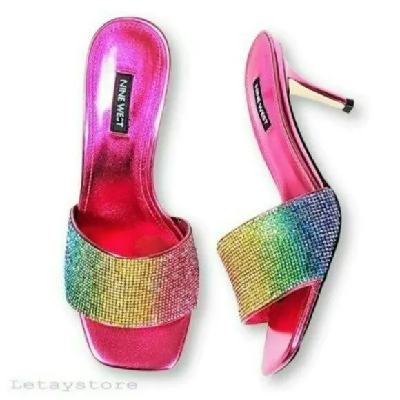 NWT Nine West Rhinestone Rainbow Embellished Slip-On Heels