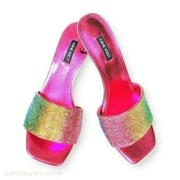 NWT Nine West Rhinestone Rainbow Embellished Slip-On Heels