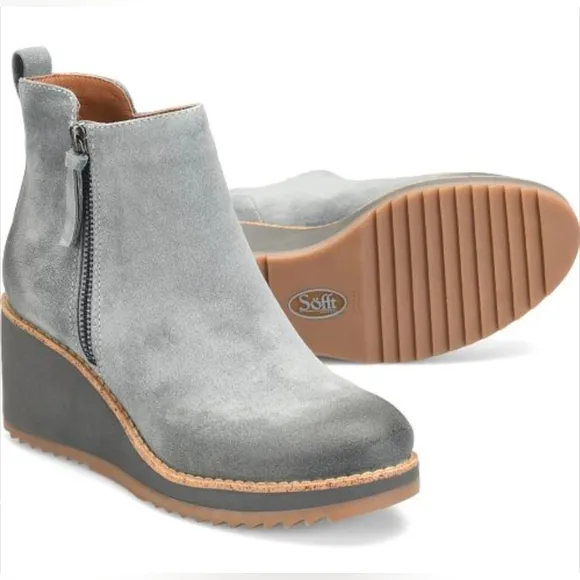 NWT Sofft Emeline Waterproof Suede Platform Wedge Boots Moon Gray Aqua Sofft 9