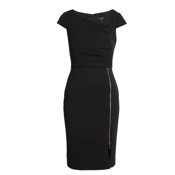 NWT TAHARI ASL Women's Asymmetrical Neck Zip Front Slit Sheath Midi Dress