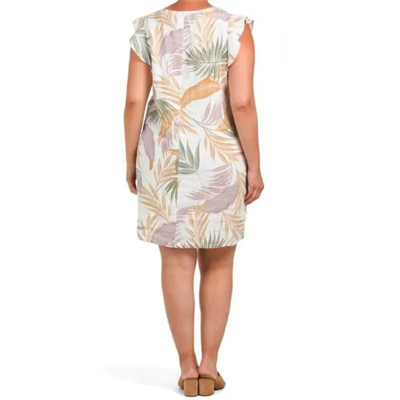 NWT Tahari Plus Tropical Floral Print Linen Flutter Sleeve Shift Mini Dress