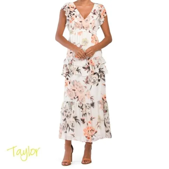 NWT Taylor Ruffle Sleeve Tiered Floral Print Maxi Dress