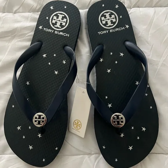 NWT Tory Burch Navy Blue Stargazer Star Logo Flip Flops Sandals 9 Authentic