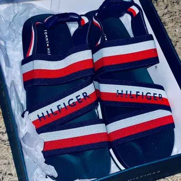 NWT w Box Tommy Hilfiger 8 Belia Navy Stretch Slingback Flatform Sandals Shoes