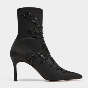 NWT ZARA BLACK SATIN PULL ON POINTED TOE ANKLE BOOTS US8/ EUR 39