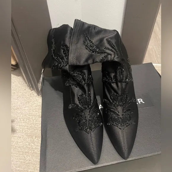 NWT ZARA BLACK SATIN PULL ON POINTED TOE ANKLE BOOTS US8/ EUR 39