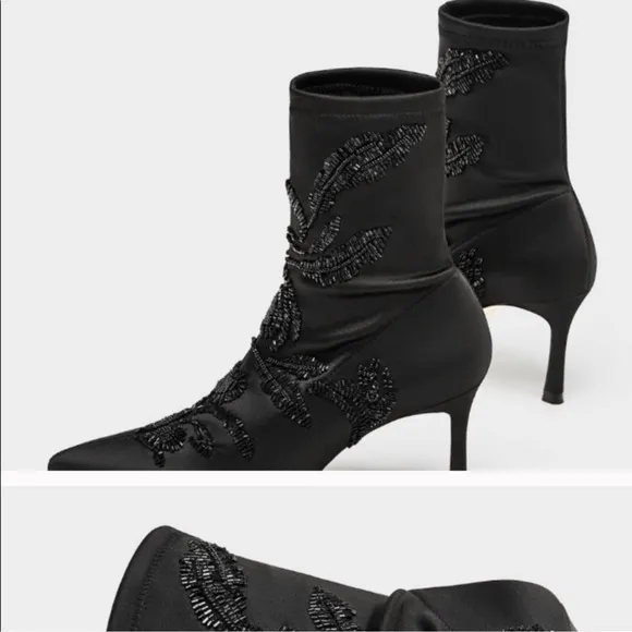 NWT ZARA BLACK SATIN PULL ON POINTED TOE ANKLE BOOTS US8/ EUR 39