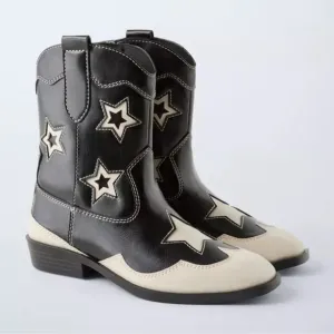 NWT Zara Kids‎ Girls Black White STARS COWBOY ANKLE BOOTS Size 5