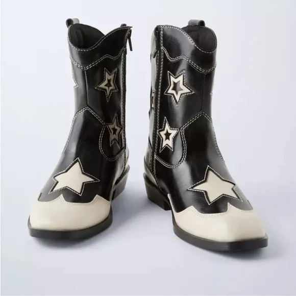 NWT Zara Kids‎ Girls Black White STARS COWBOY ANKLE BOOTS Size 5
