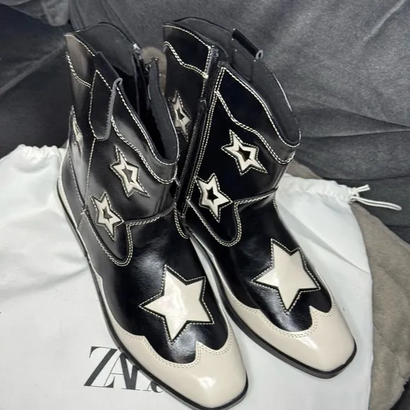 NWT Zara Kids‎ Girls Black White STARS COWBOY ANKLE BOOTS Size 5