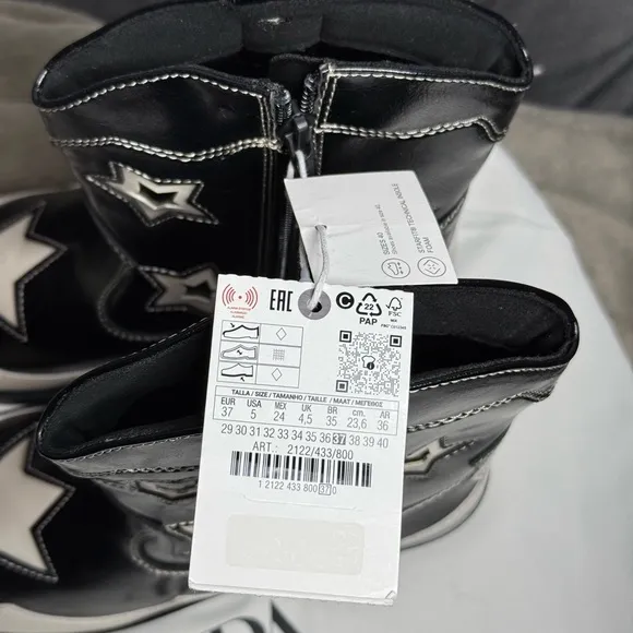NWT Zara Kids‎ Girls Black White STARS COWBOY ANKLE BOOTS Size 5