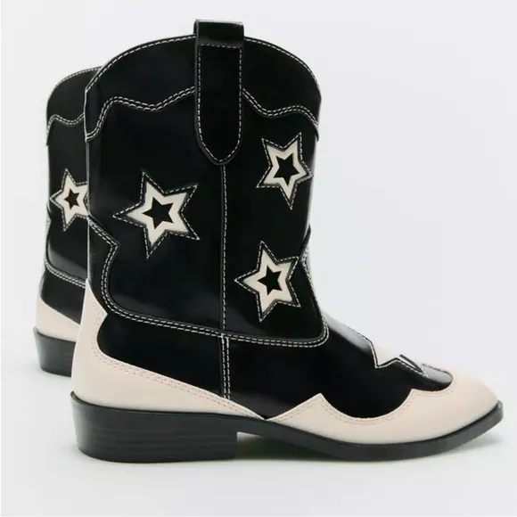 NWT Zara Kids‎ Girls Black White STARS COWBOY ANKLE BOOTS Size 5