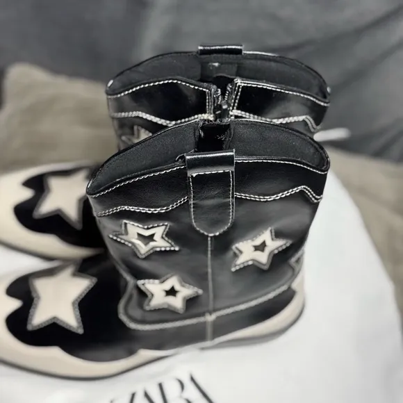 NWT Zara Kids‎ Girls Black White STARS COWBOY ANKLE BOOTS Size 5