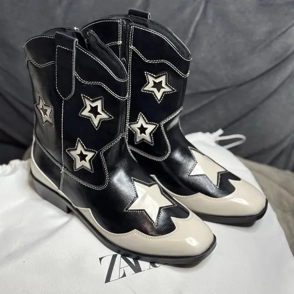 NWT Zara Kids‎ Girls Black White STARS COWBOY ANKLE BOOTS Size 5