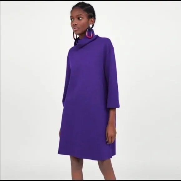 NWT Zara Women's Blue 3/4 Sleeve Turtleneck Casual Shift Short Dress Small S