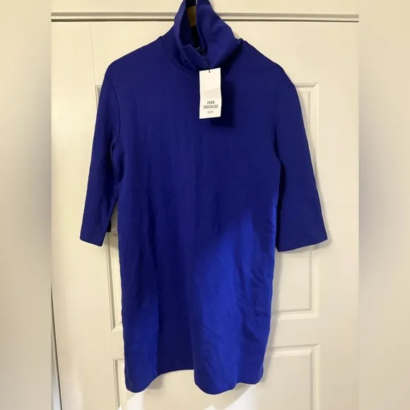 NWT Zara Women's Blue 3/4 Sleeve Turtleneck Casual Shift Short Dress Small S
