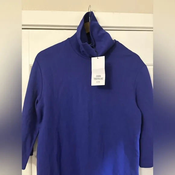NWT Zara Women's Blue 3/4 Sleeve Turtleneck Casual Shift Short Dress Small S